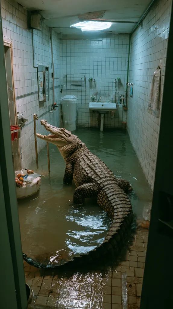 A large crocodile sits in a flooded bathroom.  The room is tiled and shows signs of disrepair; water covers the floor, reaching the base of the sink and toilet. The crocodile appears calm, its massive body submerged in the murky water. The overall scene is surreal and unexpected, suggesting a catastrophic event.