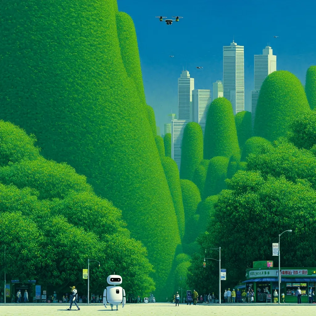 A futuristic cityscape is partially obscured by vibrant green, sculpted trees and hills.  A small, white robot stands in a plaza between the greenery and the modern high-rises.  Several drones fly in the clear blue sky above. People stroll along the plaza, creating a serene yet technologically advanced scene.  The overall style is hyperrealistic, with strong contrasts between nature and architecture.