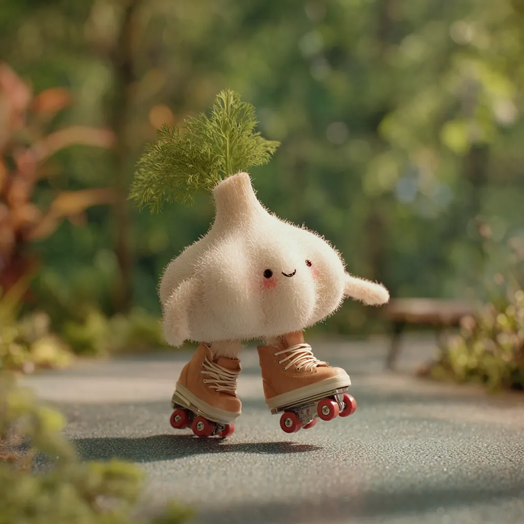 A charming 3D rendering depicts a fluffy, anthropomorphic garlic bulb with a sprig of dill on its head.  Wearing tan roller skates, it glides happily across a sun-dappled path in a park-like setting. The garlic's simple, smiling face adds to its endearing quality, creating a whimsical and cute scene.