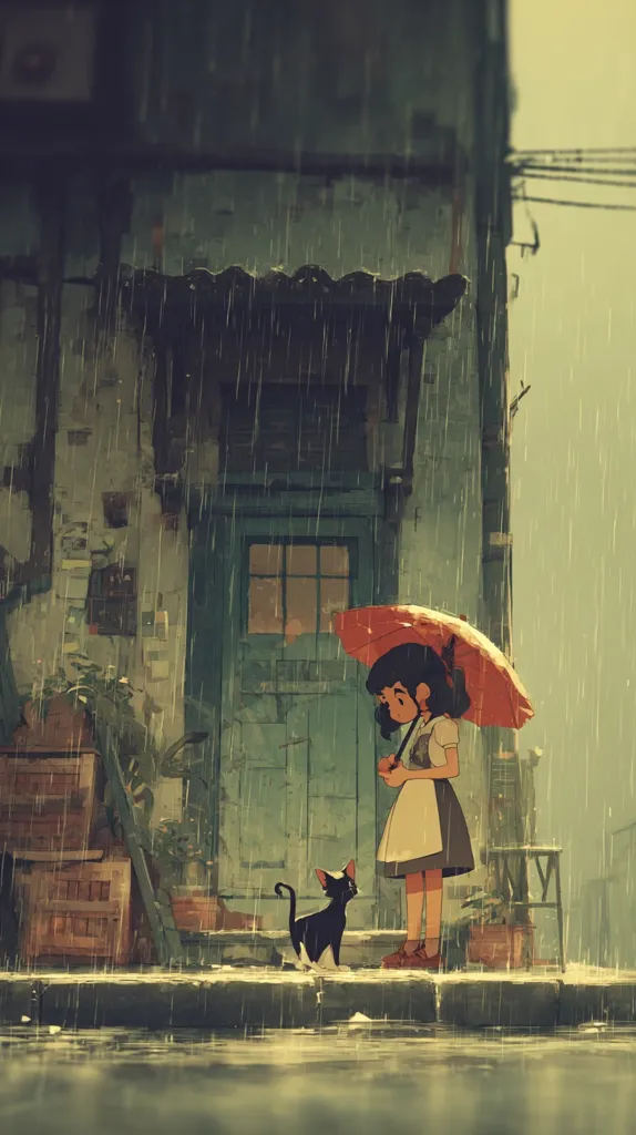 A young girl, sheltered under a red umbrella, stands on a rain-soaked street beside a small black cat.  The scene is set against a backdrop of a weathered, aged building, with rain cascading from its eaves.  Wooden crates and potted plants are visible, adding to the atmospheric charm of the rainy day illustration. The girl's dress and the cat's posture suggest a quiet, contemplative moment.