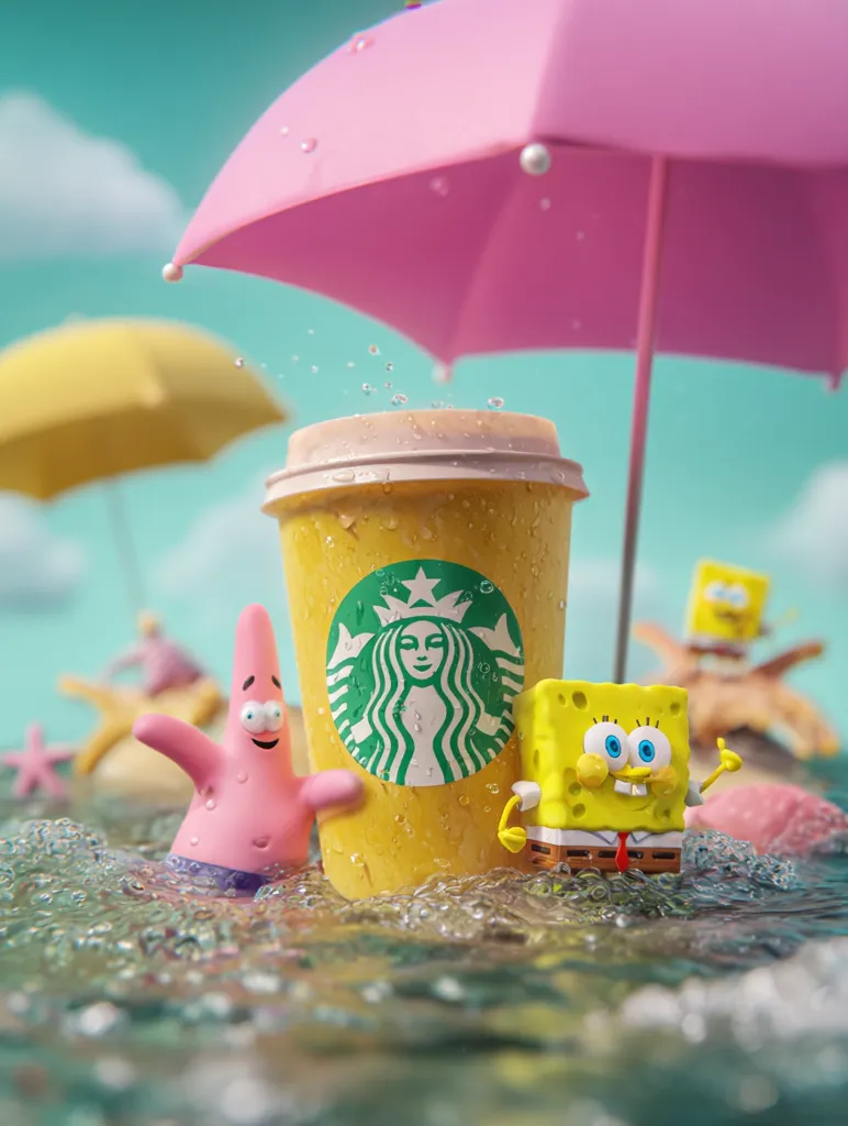 A yellow Starbucks cup sits under a pink umbrella in a bubbly ocean scene.  Patrick Star and SpongeBob SquarePants playfully surround the cup, which is decorated with the Starbucks logo.  A smaller yellow umbrella is partially visible in the background, adding to the whimsical beach setting.  The image evokes a cheerful, summery vibe.
