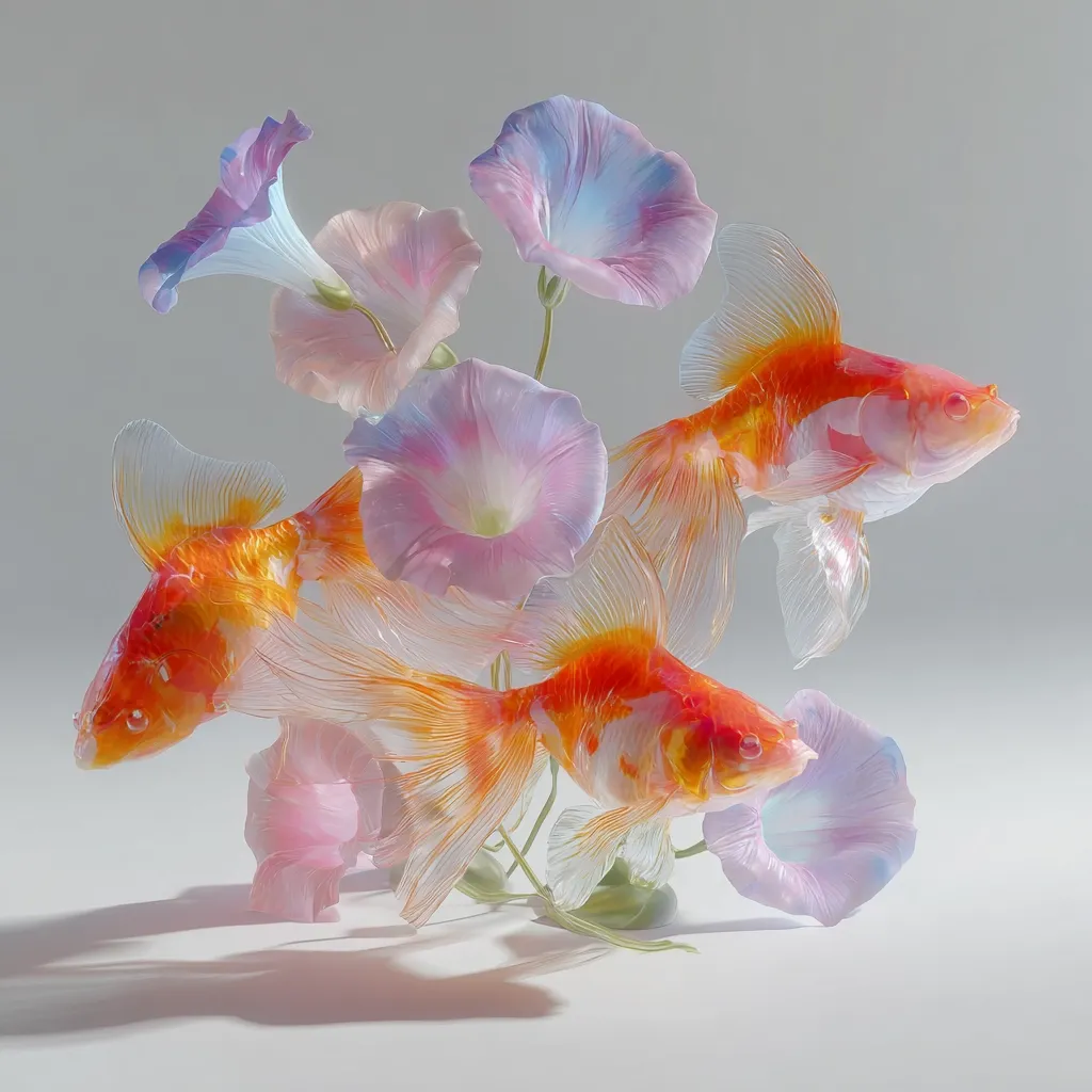 Three translucent goldfish gracefully swim amidst a cluster of delicate, pastel-colored morning glory flowers.  The fish, rendered with almost ethereal quality, appear to be interwoven with the blossoms, creating a serene and dreamlike underwater scene. The soft lighting enhances the delicate colors and textures of both the fish and flowers, resulting in a visually captivating artwork.
