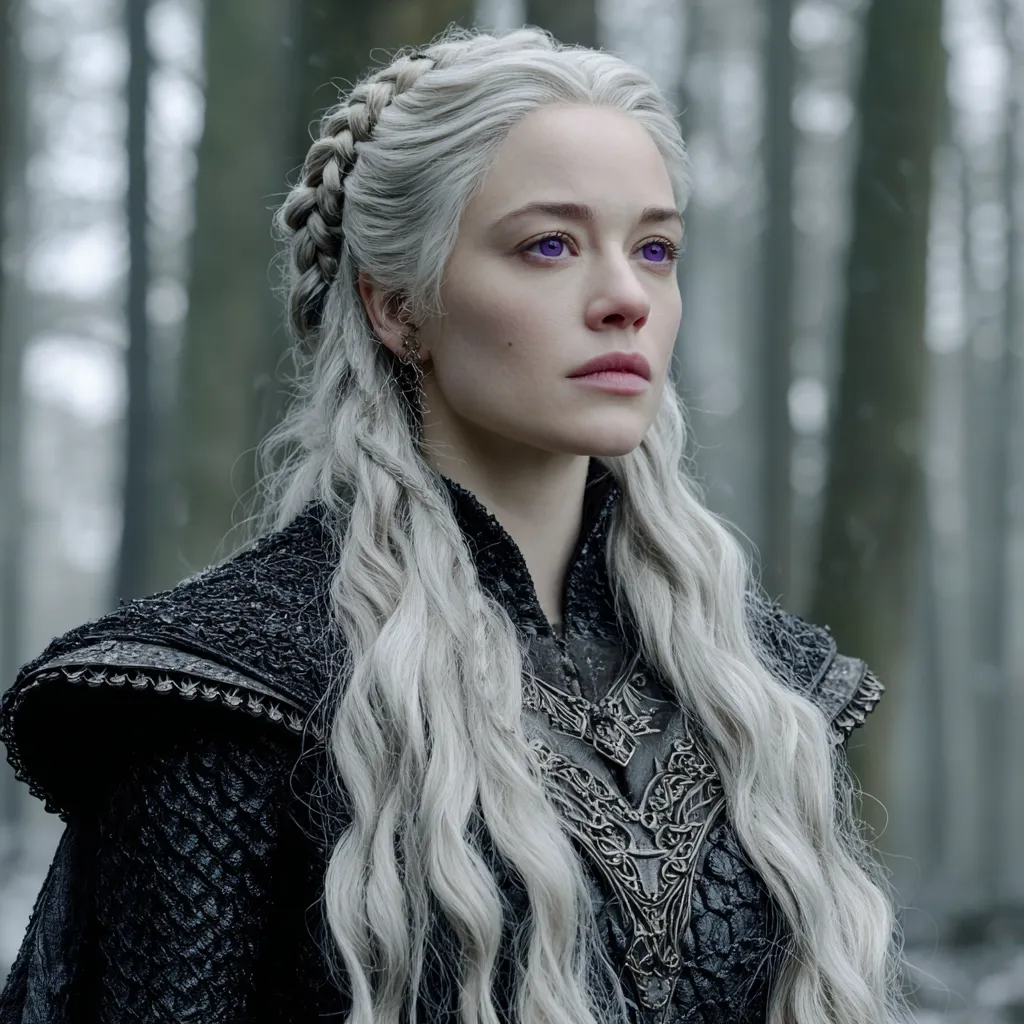 A woman with long, flowing silver hair and striking purple eyes gazes pensively into the distance. Her hair is styled in a braided updo, cascading down her shoulders.  She wears a dark, textured garment with intricate silver detailing on the bodice, suggesting armor or elaborate clothing. The background is a blurred forest of tall, slender trees, creating a mystical atmosphere.
