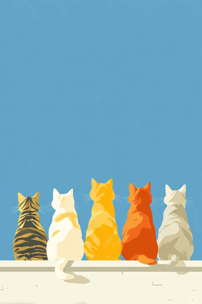 Five cats sit in a row on a low wall against a clear blue sky.  They are viewed from behind, showcasing their backs and tails.  The cats are stylized, appearing as solid colors: tabby, white, yellow, orange, and light gray.  The simple, minimalist design creates a calming and visually appealing image.
