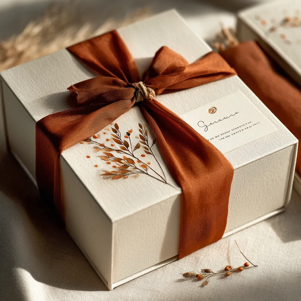 An elegant off-white gift box is adorned with a burnt orange ribbon tied in a bow.  A delicate watercolor floral design and a personalized name tag ("Gercene") are featured on the box. The box sits on a light beige fabric, suggesting a high-quality, thoughtful present.  A small sprig of dried flowers rests nearby, enhancing the overall aesthetic.
