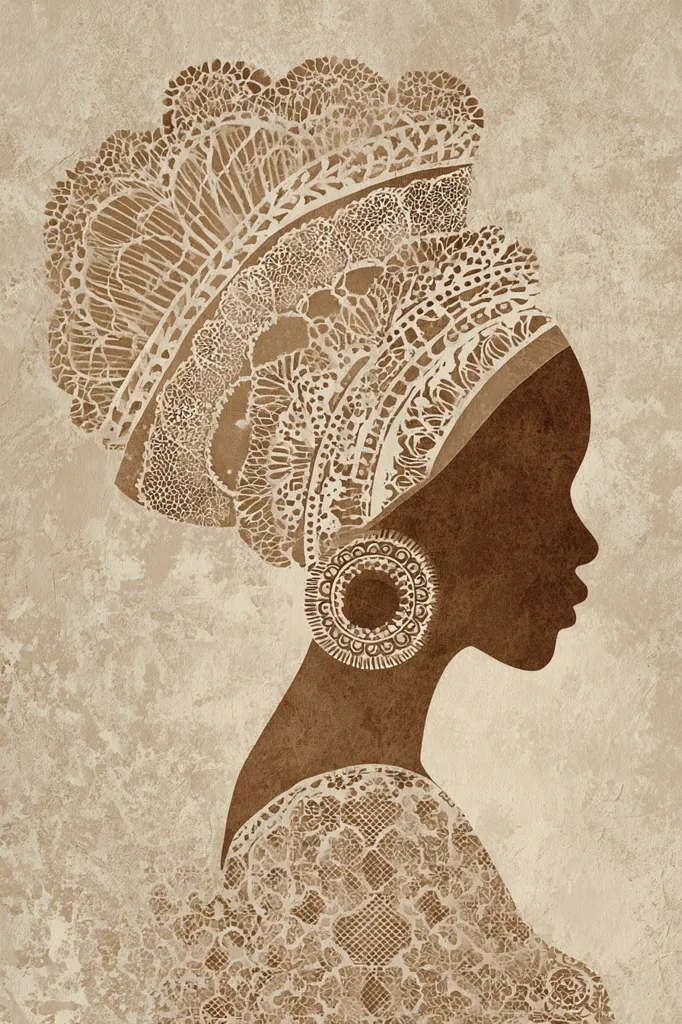 A sepia-toned silhouette of a woman's profile is adorned with intricate, lace-like headwear and earrings.  The detailed headwrap and clothing exhibit a rich, ornate pattern, suggestive of African design. The textured background complements the artwork's earthy tones, creating a sense of elegance and cultural heritage. The overall style is reminiscent of both modern art and traditional African aesthetics.