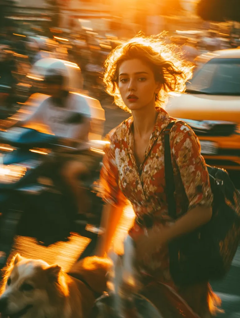 A young woman with vibrant red hair walks briskly through a busy, sun-drenched street, her floral dress a splash of color against the blurred motion of motorbikes and cars.  Golden sunlight illuminates her face, highlighting her features as she navigates the bustling urban scene, a dog partially visible at her side. The overall impression is one of dynamic energy and vibrant city life.