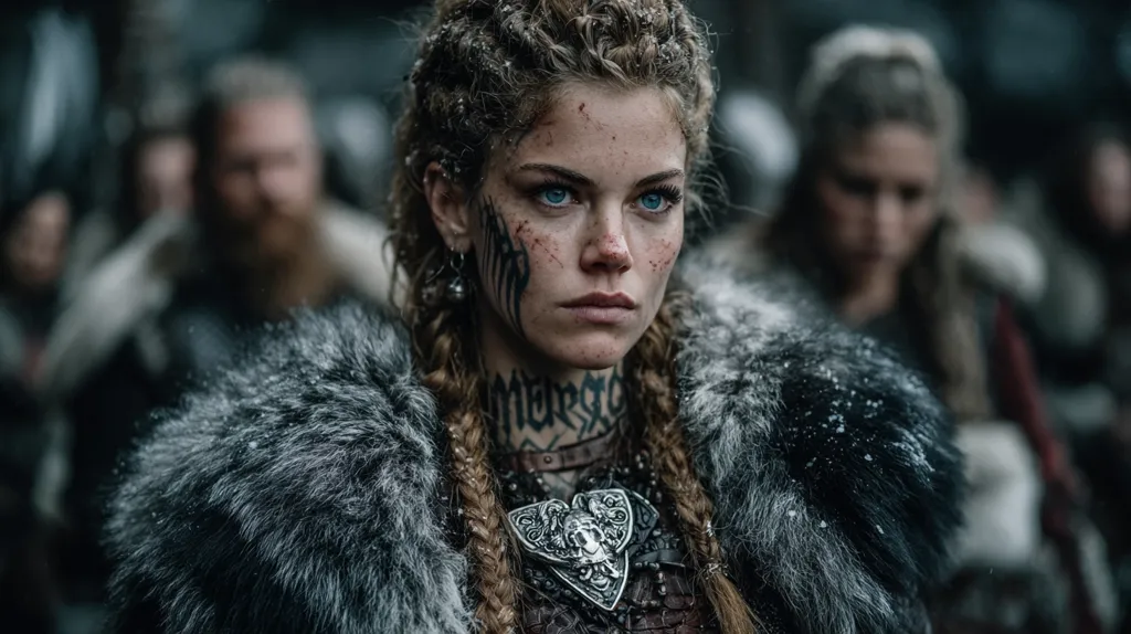 A fierce female warrior, adorned in a thick fur cloak and intricate tattoos, stands resolute.  Her piercing blue eyes and determined expression convey strength and resilience.  Braids frame her face, and a silver pendant hangs from her neck.  Blurred figures in the background suggest a battle-worn tribe, highlighting her role within the group. The snowy setting adds to the stark, dramatic atmosphere.