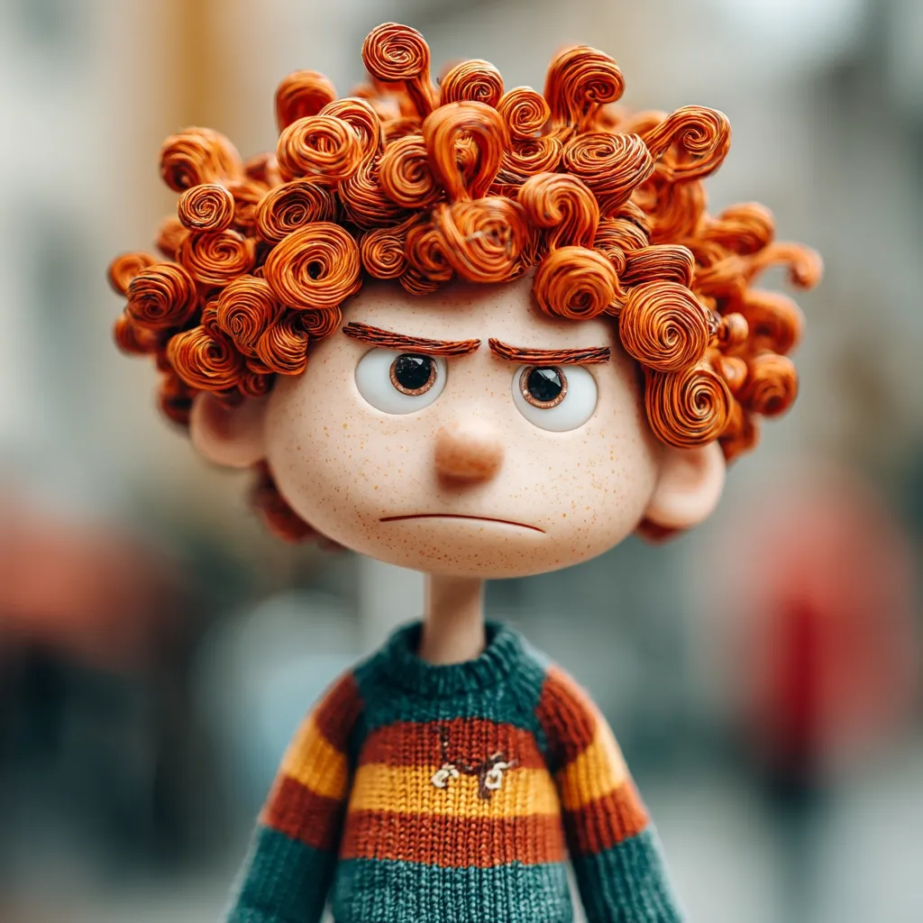 Close-up of a 3D-rendered boy with bright orange, curly hair.  He has a grumpy expression, furrowed brows, and freckles.  He's dressed in a striped sweater with a small, decorative element near the collar. The image's depth of field blurs the background, focusing attention on the boy's detailed features and texture.  The overall style is reminiscent of stop-motion animation.
