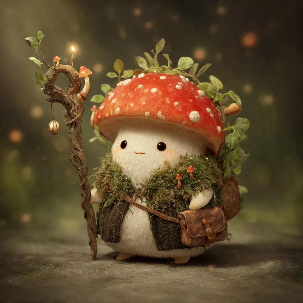 A charming, fluffy creature resembling a mushroom stands on a forest floor.  It wears a moss-covered cloak and carries a small satchel.  A glowing twig staff, adorned with miniature mushrooms, is held in its hand. The creature's red-and-white mushroom cap is adorned with tiny green plants. The overall scene is whimsical and magical, evoking a sense of fantasy.