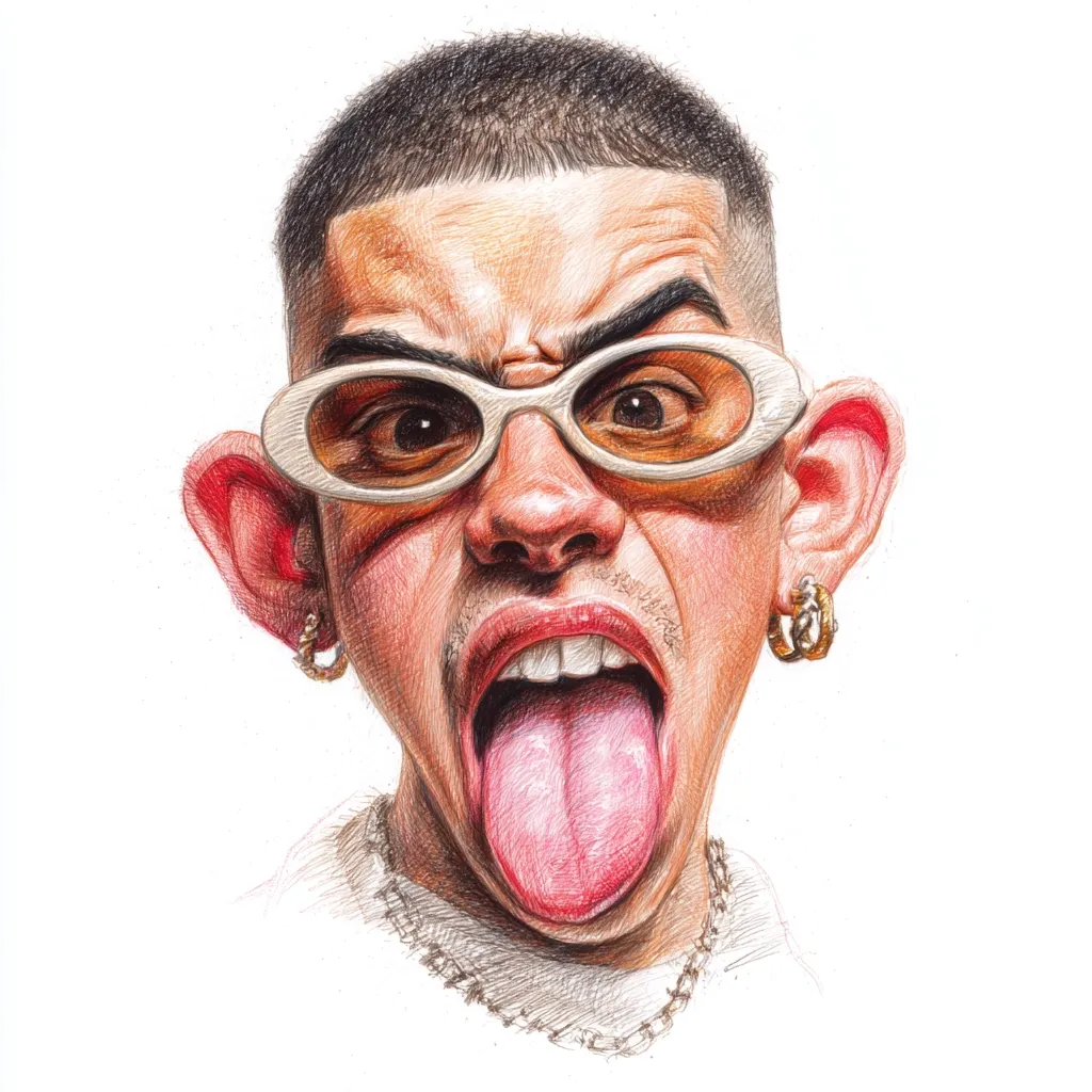 A detailed colored pencil caricature of Bad Bunny.  His expression is exaggerated, with his tongue sticking out and a fierce look in his eyes. He's wearing his signature oval-shaped sunglasses, small gold earrings, and a necklace.  The artist captures the singer's distinctive features in a stylized, almost cartoonish manner.