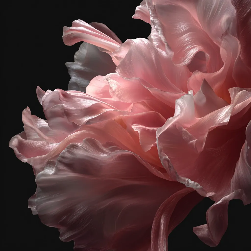 A close-up reveals the delicate, flowing petals of a blush-pink flower against a stark black background.  The petals are translucent, revealing subtle variations in light and shadow, creating a sense of depth and movement.  The image emphasizes the soft texture and ethereal quality of the blossom, almost resembling silk or fabric. The overall effect is one of elegant simplicity and understated beauty.