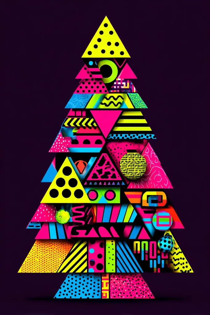 A vibrant, abstract Christmas tree design composed of layered triangles.  Each triangle features a different bold geometric pattern in neon pink, yellow, blue, and green.  The overall effect is a playful and modern interpretation of a traditional holiday symbol, showcasing a mix of polka dots, stripes, zigzags, and other graphic elements.