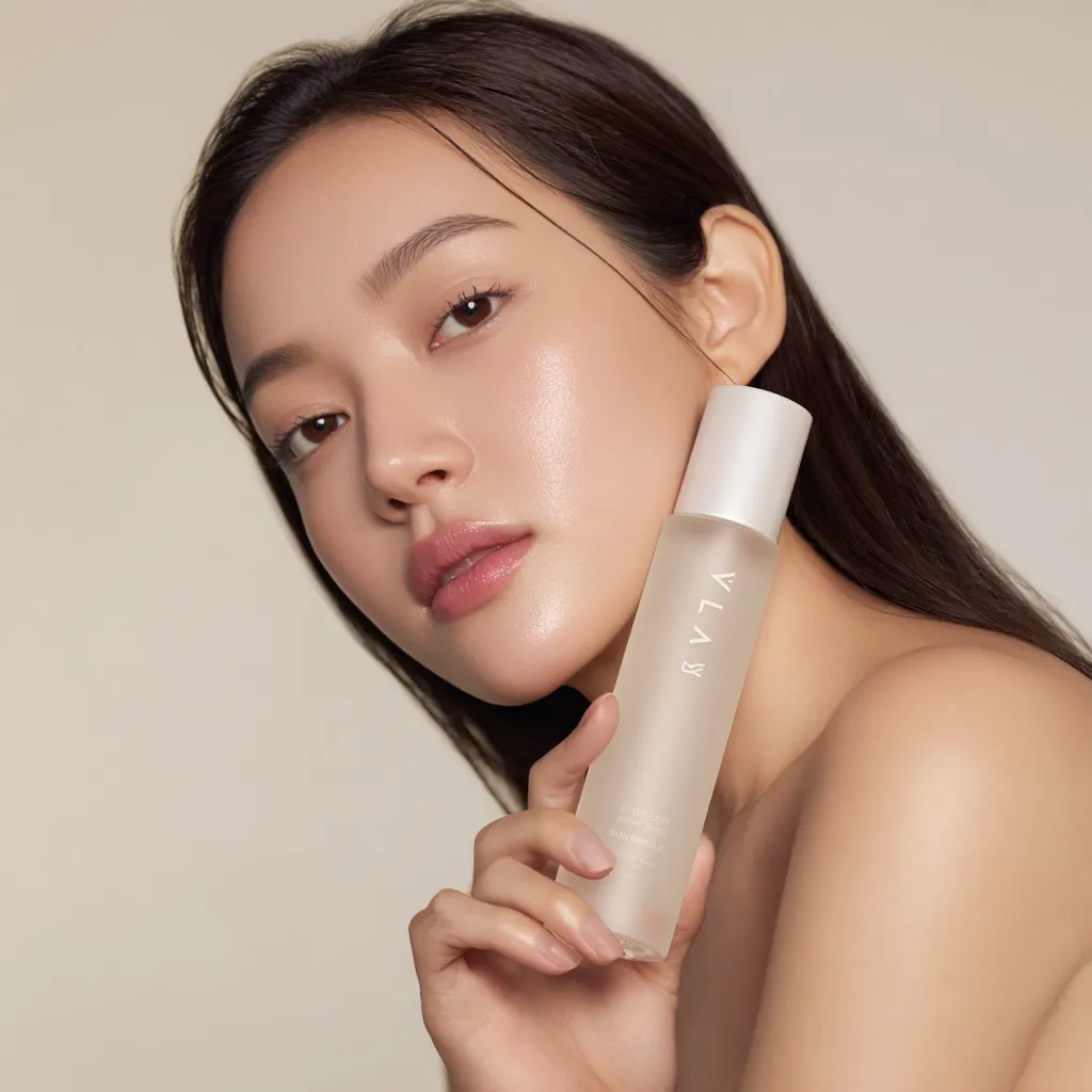 A young woman with flawless skin holds a bottle of ALVA Balancing Toner.  The frosted glass bottle features minimalist branding. The image emphasizes the product's clean aesthetic and the model's radiant complexion, suggesting a hydrating and refreshing skincare experience.  The soft lighting and neutral background highlight the product and the model's beauty.