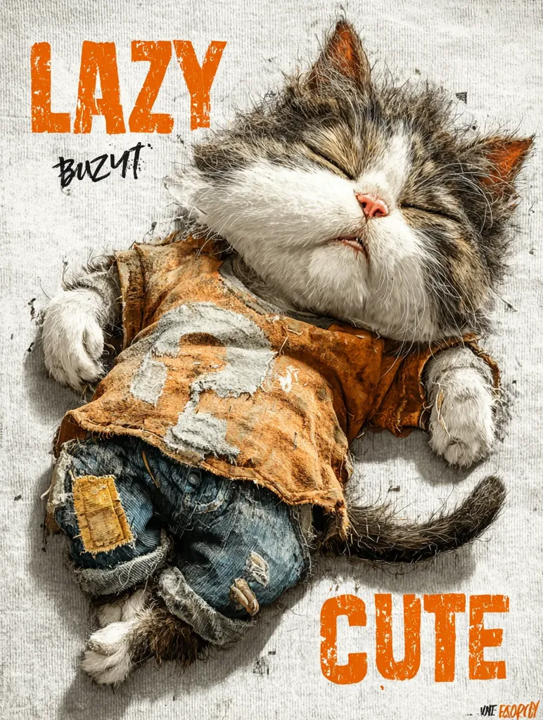 A chubby, grey and white cat lies on its back, seemingly asleep.  It's dressed in worn, orange clothing and patched denim jeans.  The words "LAZY" and "CUTE" are prominently displayed, emphasizing the cat's adorable, relaxed demeanor. The overall style is digitally created, with a slightly grunge aesthetic to the clothing and text.
