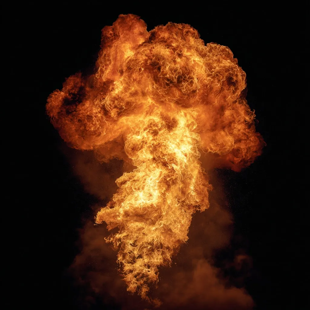A massive fireball explodes against a stark black background.  Intense orange and yellow flames billow outwards, creating a dramatic, almost ethereal effect.  The fire's texture is rough and dynamic, with swirling patterns of light and shadow.  Smoke and embers are subtly visible around the periphery of the fiery spectacle.