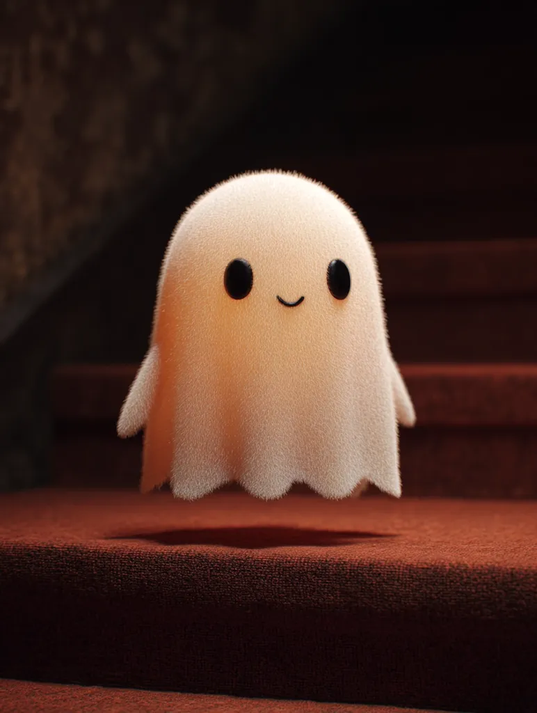 A cute, fluffy, glowing ghost hovers above a maroon carpeted staircase.  Its simple, large eyes and small smile give it an endearingly innocent expression. The ghost appears soft and light, contrasting with the dark background and rich red of the steps. The image evokes a whimsical and slightly spooky atmosphere, perfect for Halloween.