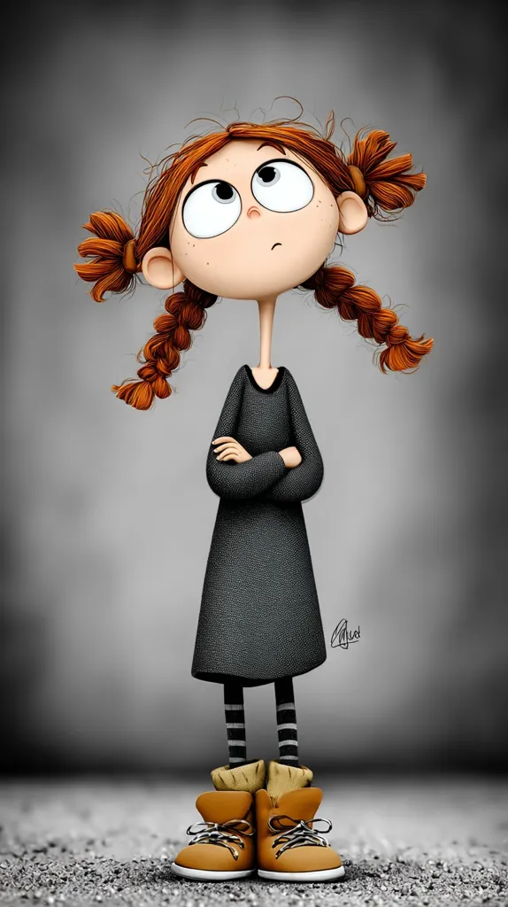A stylized illustration of a girl with large eyes and pigtails, looking upward with a thoughtful expression.  She's wearing a dark dress, striped leggings, and orange boots.  Her arms are crossed, suggesting a pensive or slightly stubborn mood. The background is a muted gray, emphasizing the girl's bright features. The overall style is whimsical and slightly cartoonish.