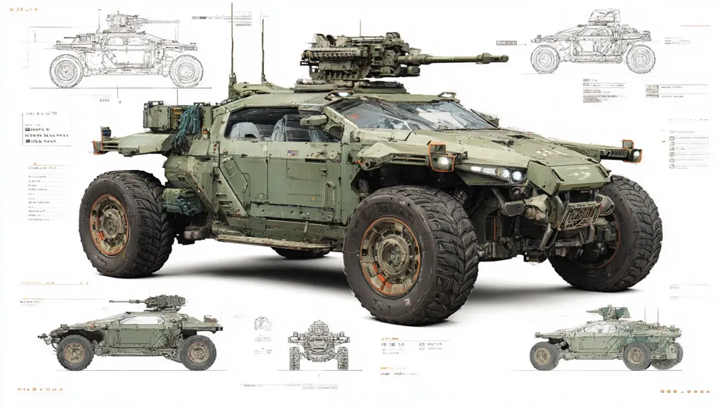 A detailed illustration showcases a futuristic military vehicle, heavily armored and equipped with a mounted turret.  The design incorporates large, rugged tires suggesting off-road capability.  Accompanying technical drawings offer various views and specifications of the vehicle, including side profiles, top views, and component breakdowns. The vehicle's color scheme is a muted olive green, consistent with military applications.