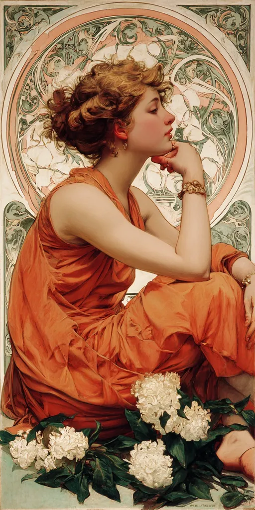 A young woman with auburn hair, styled in an updo, sits in profile, her chin resting on her hand. She wears a flowing burnt-orange dress and gold jewelry.  The painting is framed by an ornate Art Nouveau border featuring swirling lines and floral motifs in shades of green and peach. White flowers, possibly hydrangeas, are at her feet, adding a soft contrast to the rich colors of the dress and border. The overall style is elegant and reminiscent of Alphonse Mucha.