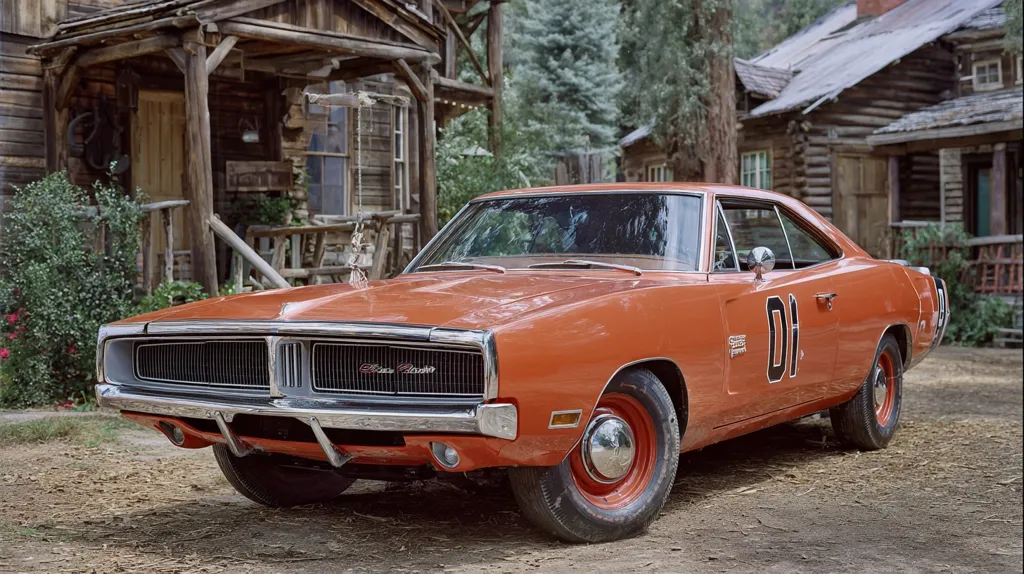 A bright orange 1969 Dodge Charger, bearing the iconic "01" insignia, is parked in front of rustic log cabins. The car, a classic muscle car, sits on a dirt road, showcasing its powerful stance and retro design. The setting suggests a rural, possibly Southern, location. The image evokes a sense of nostalgia and Americana.