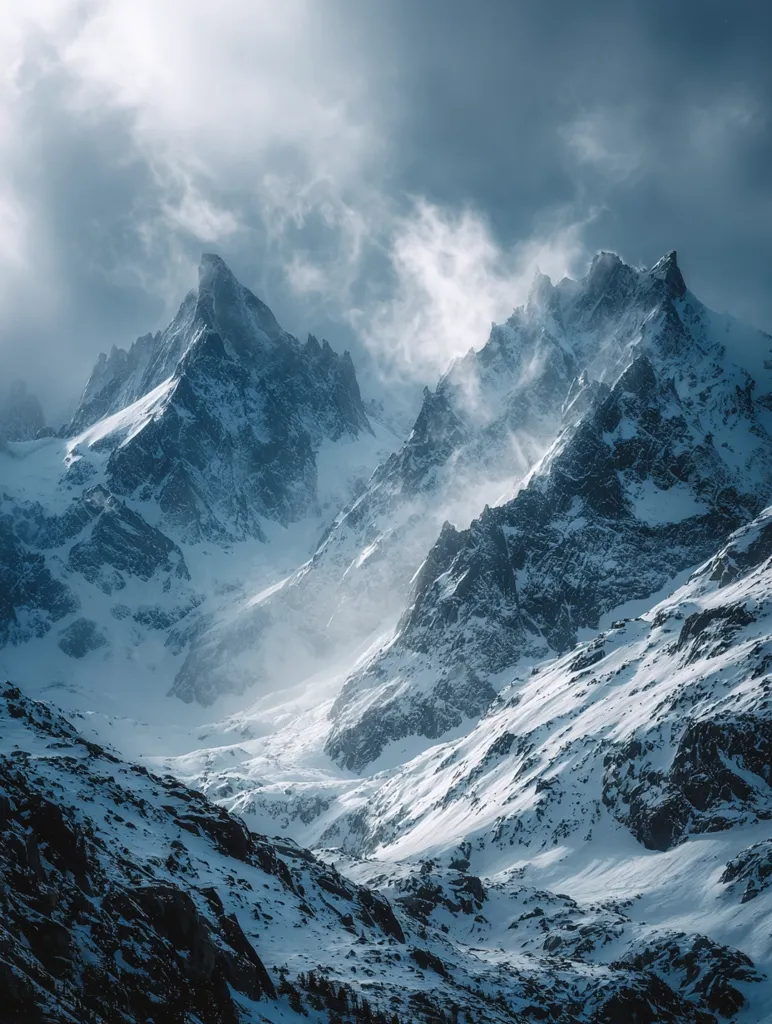 A breathtaking vista of snow-capped mountains under a dramatic sky.  Windswept snow obscures parts of the peaks, creating a sense of movement and power.  The deep blues and whites of the scene evoke a feeling of cold, stark beauty.  Jagged mountain ridges and valleys filled with snow create a textured, awe-inspiring landscape. The light suggests a strong sun partially hidden by clouds.