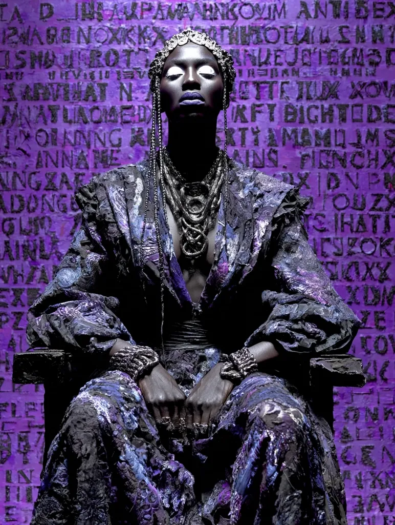 A regal Black woman, adorned in a lavish, dark purple textured gown and ornate silver jewelry, sits majestically on a chair.  Her eyes are closed, and her expression is serene. The background is a vibrant purple wall covered in a chaotic pattern of overlapping letters, creating a striking contrast with her regal posture. The overall aesthetic is dark, dramatic, and powerful.