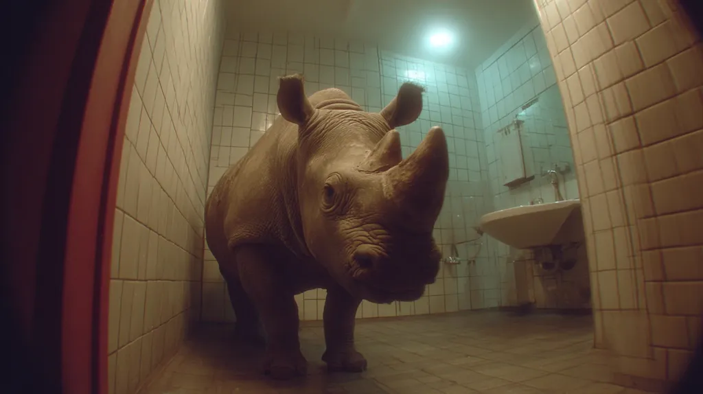 A young rhinoceros stands in a tiled bathroom, its large form filling most of the space. The rhino faces the viewer, its thick skin and prominent horn visible.  The bathroom is dimly lit, with a sink and mirror visible in the background. The scene is unusual and creates a striking contrast between the wild animal and the domestic setting.  The image is taken from a low angle, emphasizing the rhino's size.