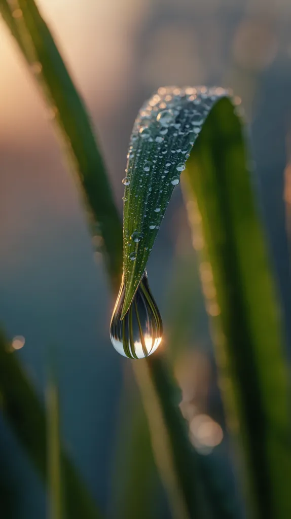 A single, glistening dewdrop hangs precariously from a blade of grass at sunrise.  The drop reflects the warm light and the surrounding greenery.  Numerous smaller droplets cling to the leaf, emphasizing the freshness of the morning.  The background is softly blurred, drawing focus to the delicate balance of the dewdrop. The scene evokes a sense of calm and natural beauty.