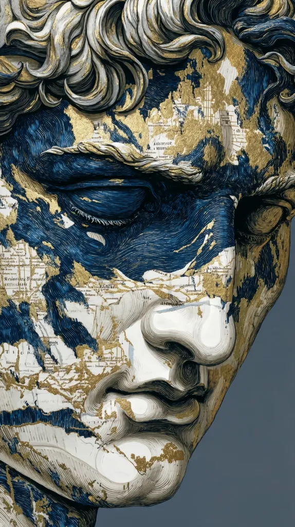 A detailed close-up reveals a sculpted face, possibly inspired by classical busts.  The surface is intricately layered, with deep lines and textures mimicking a map's topography.  Blues and golds dominate the color palette, creating a striking contrast against the muted background. The artist uses the map as a skin-like overlay, blending history and artistry.  The expression is one of quiet contemplation or sadness.