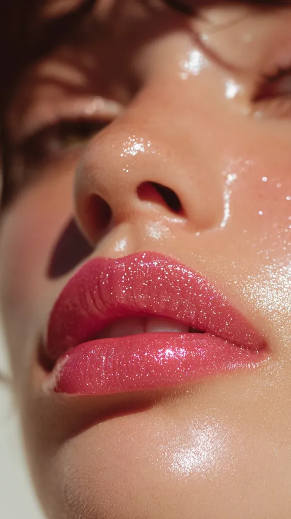 Close-up of a woman's face, showcasing dewy, sun-kissed skin.  Her lips are full and coated in a shimmering, pink-toned lip gloss with subtle glitter. The image emphasizes the glossy texture of both her skin and her lip product, creating a radiant and healthy appearance.  Soft lighting enhances the overall glow.