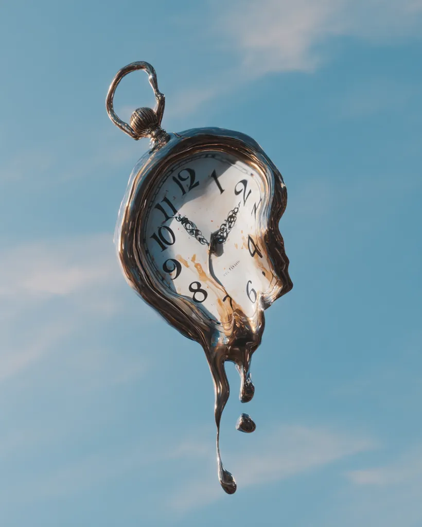 A pocket watch, rendered in a style reminiscent of Salvador Dali's melting clocks, drips downwards against a clear blue sky.  The metallic casing appears to be liquefying, its form distorted and flowing. The watch face, though partially obscured, is visible, showcasing the passage of time in a surreal, distorted manner.  The image evokes a sense of the fluidity and ephemerality of time.