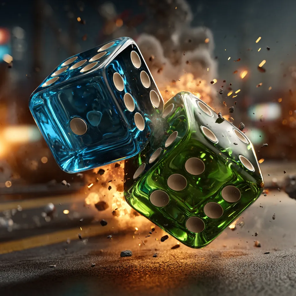 Two large, transparent dice, one blue and one green, are shown mid-air, amidst a fiery explosion.  Debris flies around them as they tumble. The scene is dramatic and high-energy, suggesting a moment of high stakes or explosive chance. The dice are highly polished, reflecting the surrounding chaos.