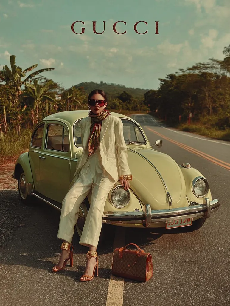 A fashion photograph features a woman in a cream-colored Gucci suit and sunglasses, perched on a vintage light green Volkswagen Beetle.  The setting is a sun-drenched road lined with palm trees, creating a retro vibe.  A Gucci handbag rests on the asphalt beside her. The Gucci logo is prominently displayed at the top. The overall aesthetic is vintage-inspired luxury.