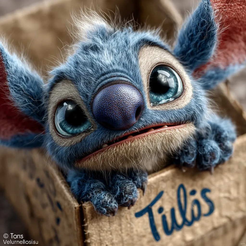 A digitally rendered Stitch-like creature, blue and fluffy with large, expressive eyes, sits inside a cardboard box.  Tears stream down its cheeks, giving it a sad expression. The word "Tilos" is written on the box. The image is highly detailed, emphasizing the fur texture and the character's emotional state.