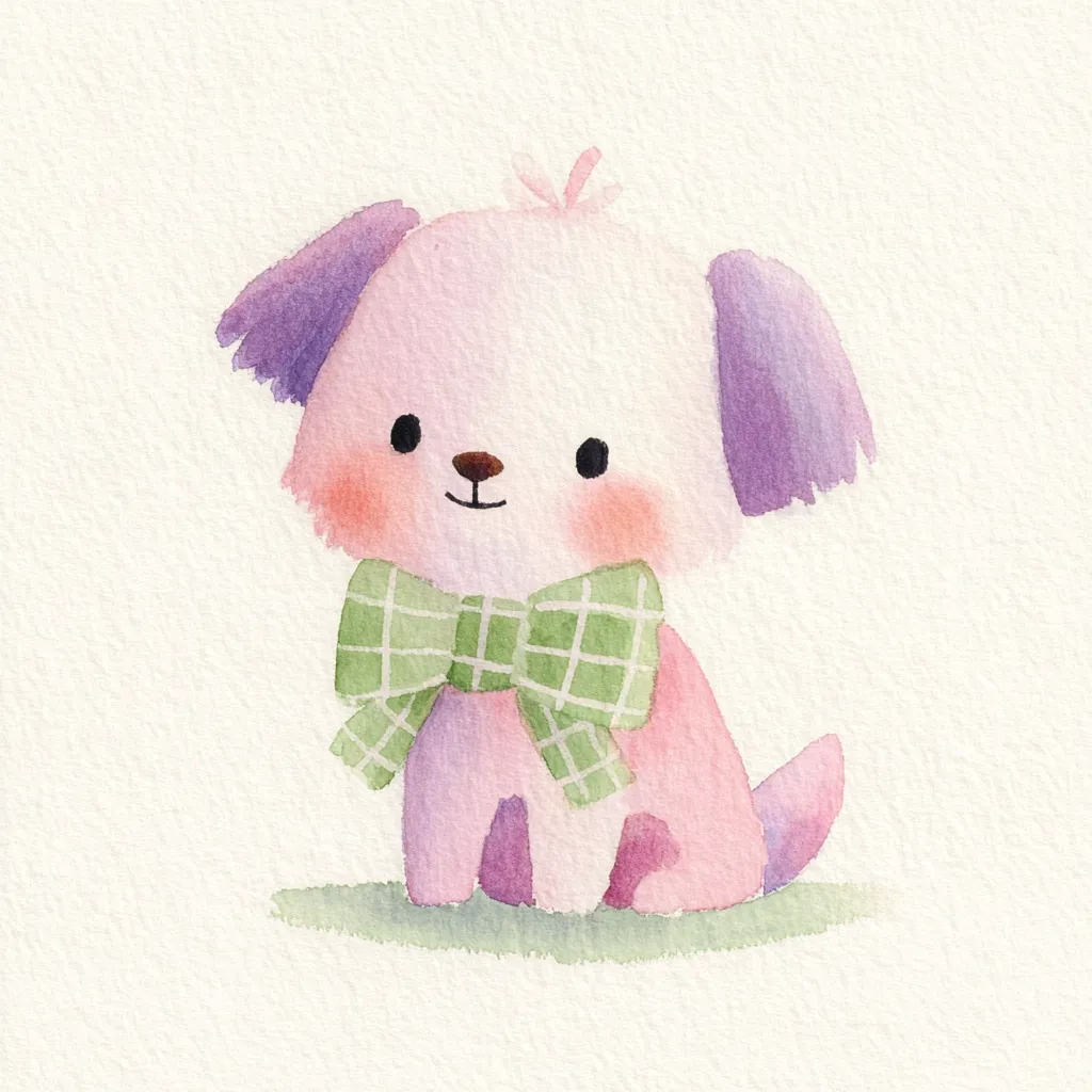 A watercolor painting depicts a charming, cartoonish puppy.  The puppy is primarily pink with purple ears and a light green plaid bow tie. Its expression is sweet and innocent, with large, dark eyes and rosy cheeks.  The style is soft and whimsical, suitable for children's illustrations or greeting cards. The background is a simple, off-white.