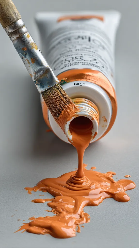 A paintbrush laden with burnt orange acrylic paint is squeezed against the opening of a tube, causing the paint to flow onto a gray surface.  The paint creates a vibrant, textured puddle, showcasing the rich color and thick consistency. The image is a close-up, emphasizing the details of the paint and the tools used. The overall aesthetic is one of artistic expression and the process of creation.