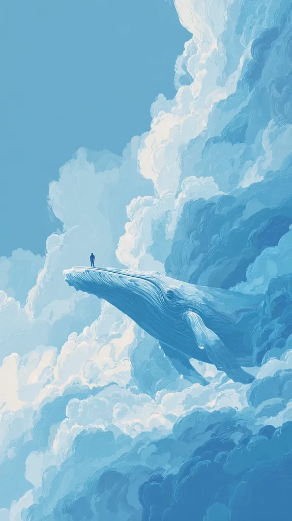 A solitary figure stands on the back of a colossal, cloud-like whale soaring through a sky filled with fluffy, light blue clouds. The scene is serene and dreamlike, evoking a sense of wonder and peaceful isolation.  The whale's form is subtly textured, appearing almost sculpted from the clouds themselves. The overall palette is calming and ethereal.