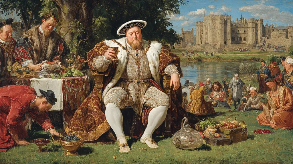 A large-scale painting depicts Henry VIII, seated regally in ornate attire, holding a goblet. He's surrounded by courtiers and servants at a lavish feast in a verdant landscape.  A grand castle is visible in the background, suggesting a royal setting.  The scene is rich in detail, highlighting the opulence and power associated with the Tudor monarch.  A servant kneels, presenting fruit at his feet.