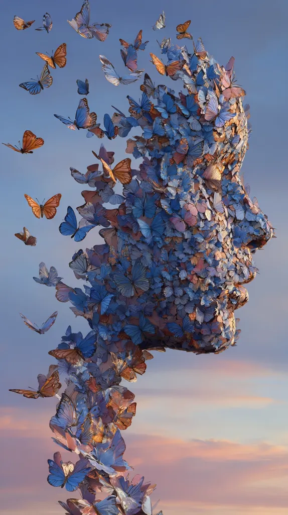 A profile of a face is formed from a multitude of intricately arranged butterflies.  The butterflies are predominantly shades of blue and purple, with some orange accents, creating a beautiful, ethereal effect against a soft, pastel sky. The image evokes feelings of transformation, beauty, and the fleeting nature of life.  The butterflies seem to flow from the face, creating a sense of movement and freedom.