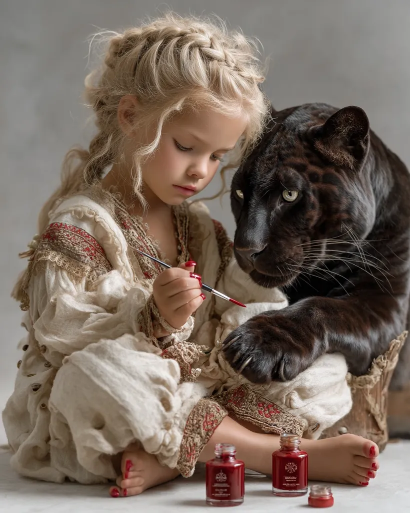 A young girl with blonde braided hair, dressed in an antique-style cream and red outfit, sits patiently painting the claw of a black panther.  The panther rests calmly beside her, its gaze soft and attentive.  Small bottles of dark red nail polish are scattered nearby, suggesting a playful and unusual beauty session. The scene is set against a muted grey background, enhancing the rich colors of the clothing and the panther's dark fur.