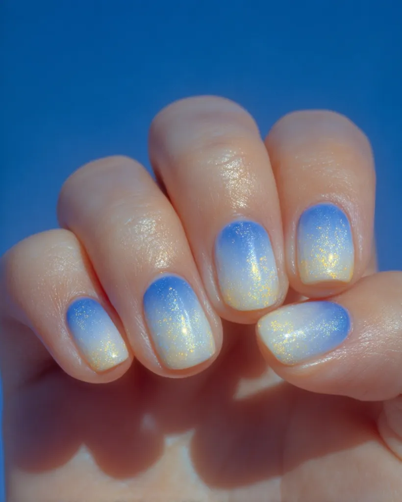 A close-up shot showcases a hand with meticulously manicured nails. Each nail is adorned with a gradient ombre design, transitioning from a light yellow at the base to a vibrant blue at the tip.  Subtle glitter adds shimmer to the polish, creating a celestial effect. The nails are well-shaped and the hand is positioned against a bright blue backdrop.