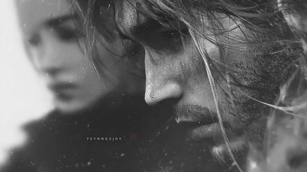 A black and white close-up portrait of a man with long hair, his face partially obscured by strands.  A blurred female face is visible in the background, suggesting intimacy or connection. The image is textured, with a grainy, almost ethereal quality, evoking a mood of melancholy or introspection.  The artist's signature is subtly placed in the lower center.