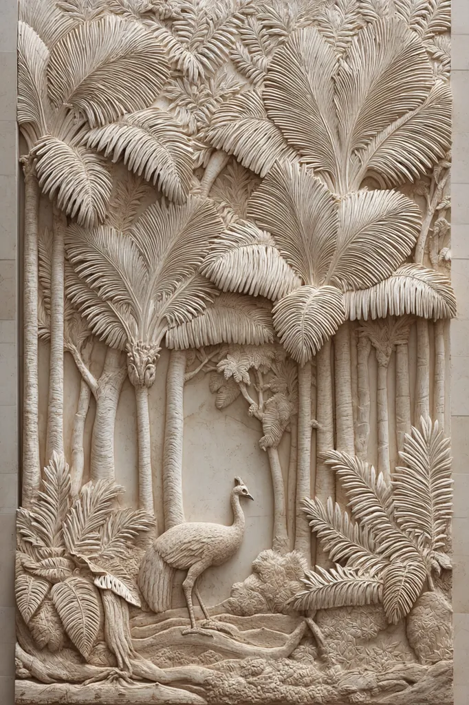 A detailed bas-relief carving depicts a serene tropical scene.  Intricate palm trees dominate the composition, their fronds meticulously rendered. A single, elegantly sculpted peacock stands in the foreground, adding a focal point to the peaceful jungle setting. The creamy stone creates a sense of warmth and tranquility. The craftsmanship showcases exceptional attention to detail in the natural forms.