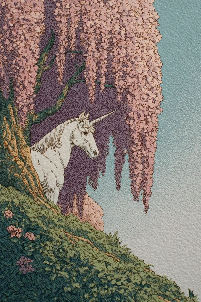 A majestic white unicorn stands serenely beneath a weeping wisteria tree, its delicate pink blossoms cascading down. The unicorn's horn is elegantly curved, and its coat is finely detailed.  The scene is peaceful, set against a soft blue sky, with lush green foliage at the base of the tree and hillside. The artwork uses a stippled technique, creating a textured effect.