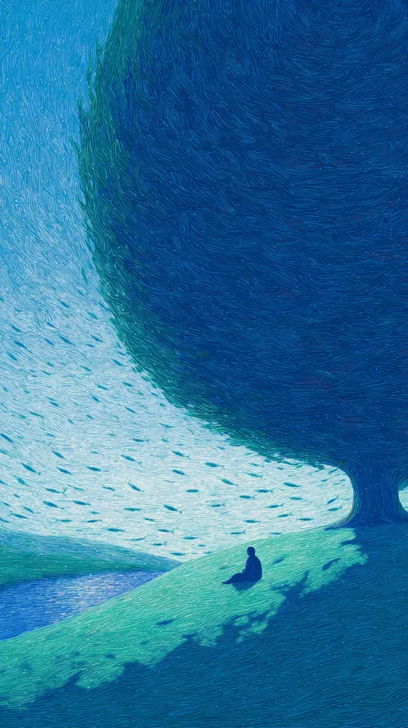 A solitary figure sits beneath a large, dark blue tree on a gently sloping hill overlooking a calm body of water.  The sky and water are depicted in shades of light and dark blue, creating a serene and peaceful atmosphere.  The impasto-style painting uses short, textured brushstrokes to represent the water and foliage, adding depth and texture to the scene.  The overall mood is contemplative and tranquil.