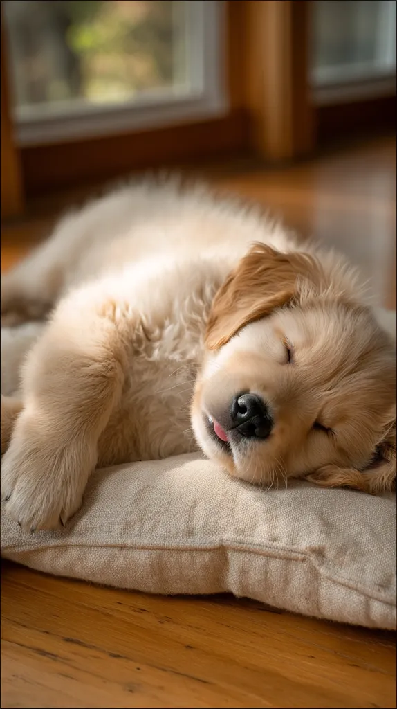 A golden retriever puppy sleeps soundly on a beige pillow.  Its paws are tucked beneath it, and its eyes are closed.  The puppy's tongue is slightly sticking out.  Sunlight streams in through a nearby window, illuminating the peaceful scene. The dog is curled up in a comfortable position on a hardwood floor.