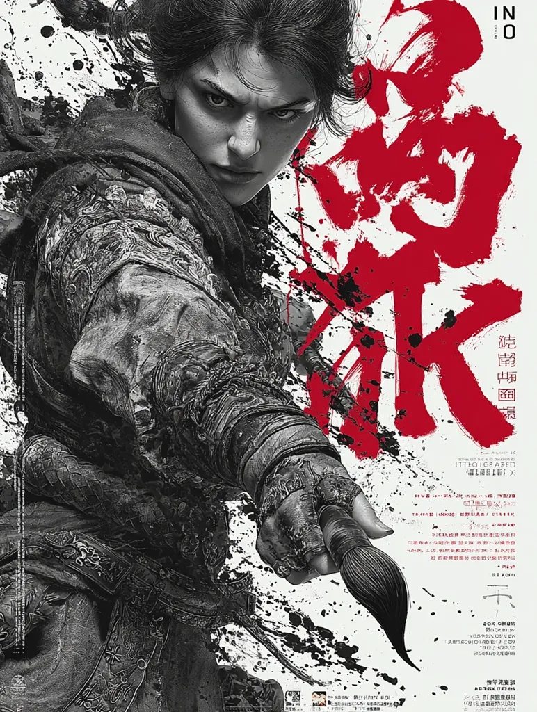 A striking promotional poster showcases a female warrior, her intense gaze captivating.  Clad in ornate, dark attire, she wields a brush, the tool contrasting with her fierce demeanor.  Bold, red Chinese characters dominate the background, adding to the dramatic, artistic presentation. The overall style blends realism with painterly splashes, creating a visually arresting image.