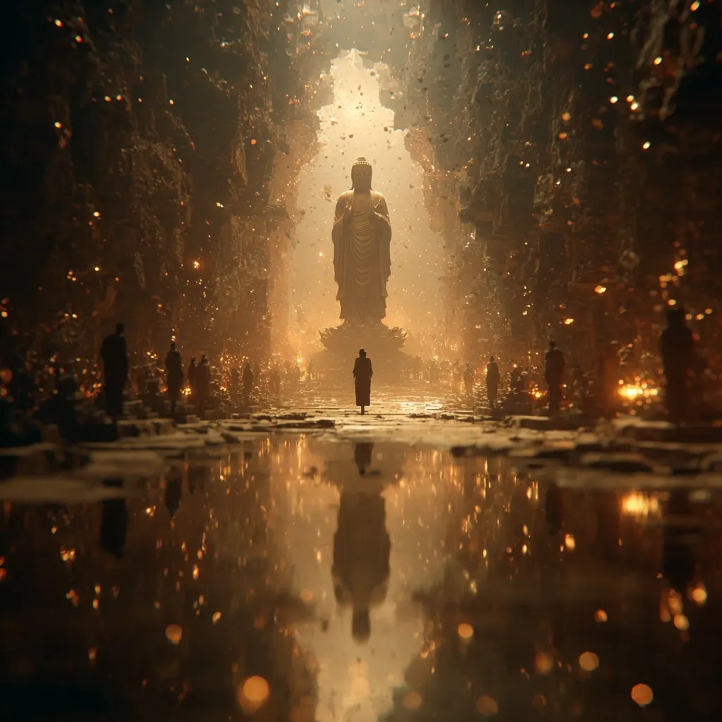 A lone figure walks towards a colossal Buddha statue within a mystical, canyon-like setting.  Golden light illuminates the scene, with floating particles resembling falling leaves or sparks.  Numerous smaller figures are scattered around, creating a sense of awe and reverence. The water reflects the statue and the pathway, adding to the ethereal atmosphere. The overall image evokes a feeling of spiritual journey and peaceful contemplation.