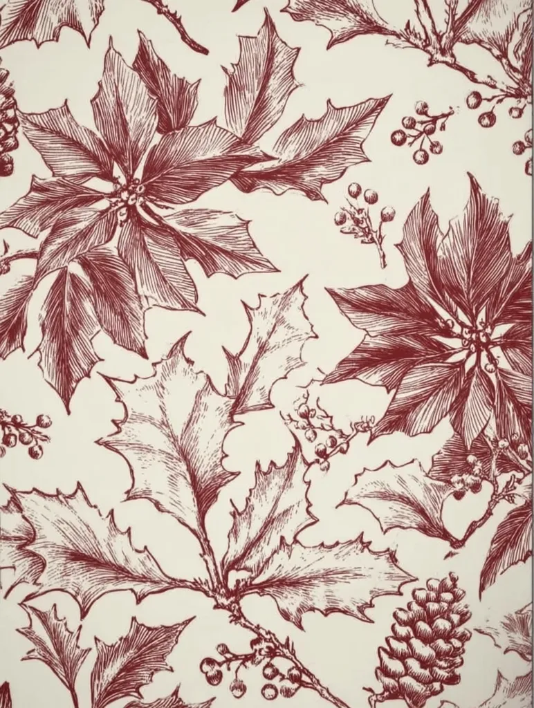A repeating pattern of poinsettia and holly leaves in a deep burgundy red against a creamy off-white background.  The style is reminiscent of vintage botanical illustrations, with detailed linework creating a sense of elegance and classic holiday cheer.  Pine cones and berries are interspersed among the foliage, adding to the festive winter theme.